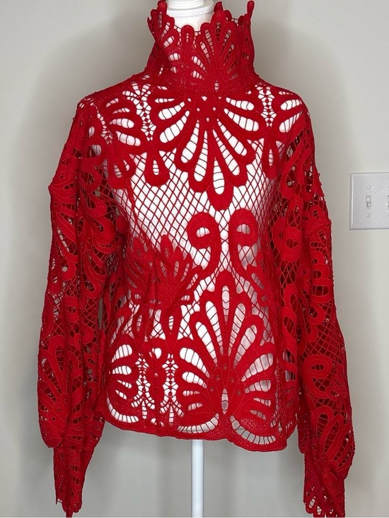 Tops - Red Lace Cutout High-Neck Women's Top